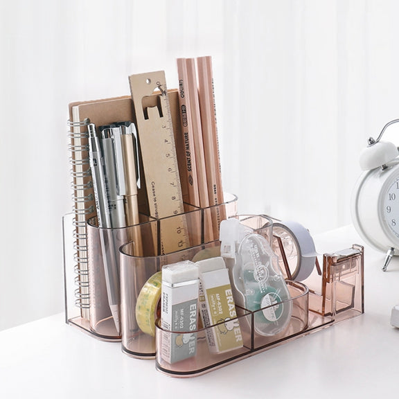 Transparent Acrylic Stationery Storage Box Creative Desk Organizer Plastic Compartment Pen Holder Office Accessories(Brown)