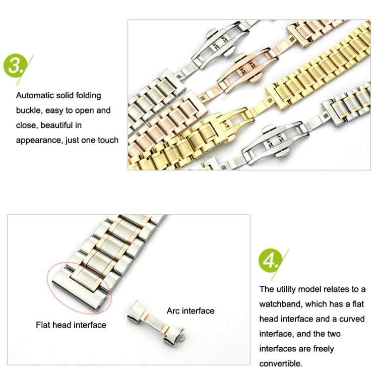 22mm Steel Bracelet Butterfly Buckle Five Beads Unisex Stainless Steel Solid Watch Strap, Color:Silver