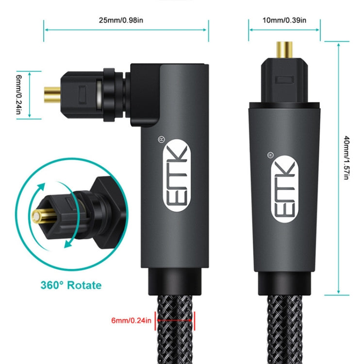 EMK 90 Degree Swivel Adjustable Right Angled 360 Degrees Rotatable Plug Nylon Woven Mesh Optical Audio Cable, Cable Length:3m(Black)
