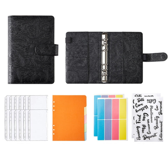 A5 YMX-007 PU Leather Budget Binder Notebook Embossed Model Handbook(Dark Black)