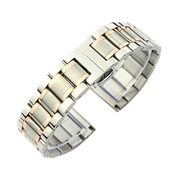 20mm Steel Bracelet Butterfly Buckle Five Beads Unisex Stainless Steel Solid Watch Strap, Color:Intermediate Rose Gold