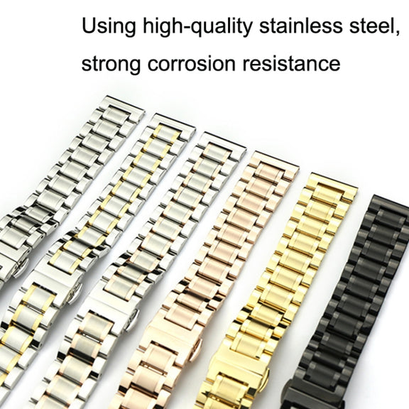 20mm Steel Bracelet Butterfly Buckle Five Beads Unisex Stainless Steel Solid Watch Strap, Color:Black