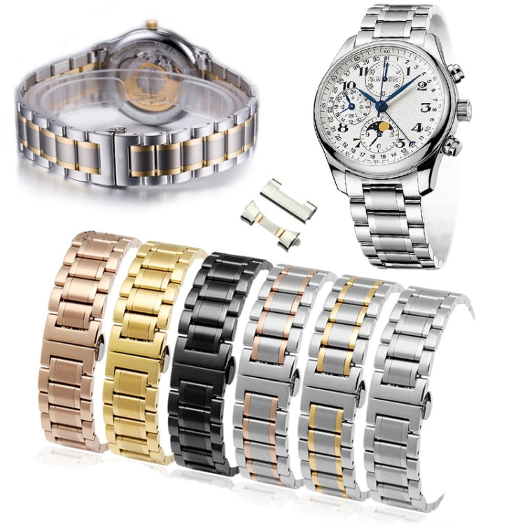 20mm Steel Bracelet Butterfly Buckle Five Beads Unisex Stainless Steel Solid Watch Strap, Color:Gold