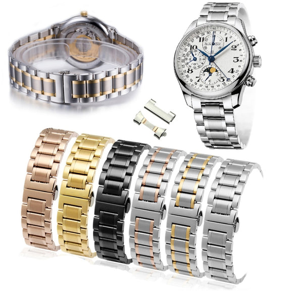 20mm Steel Bracelet Butterfly Buckle Five Beads Unisex Stainless Steel Solid Watch Strap, Color:Intermediate Gold
