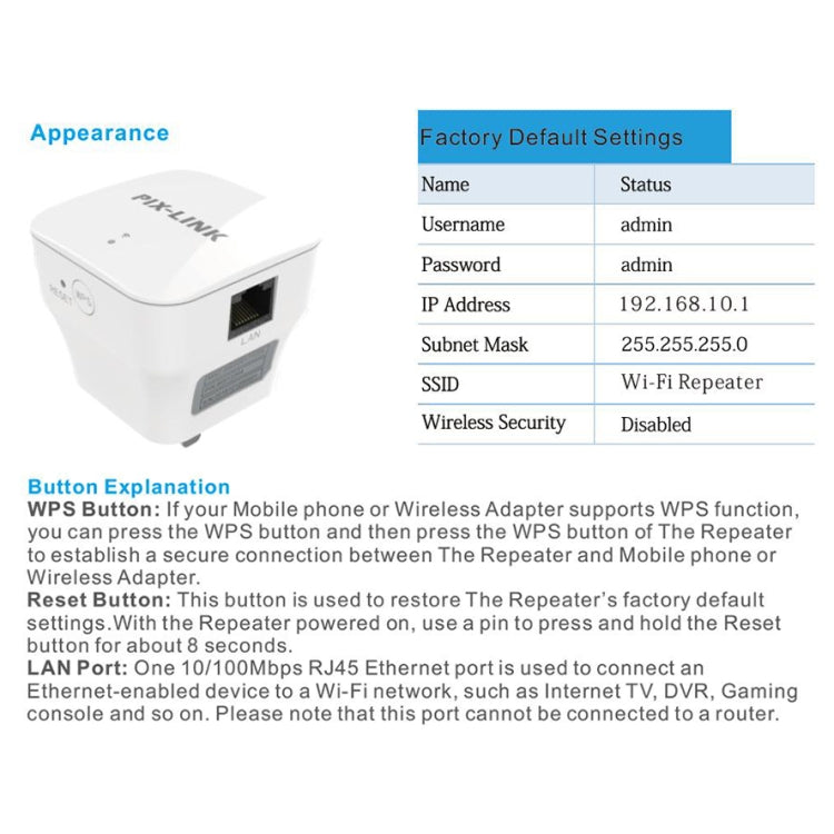 PIXLINK WR12 300Mbps WIFI Signal Amplification Enhanced Repeater, Plug Type:US Plug