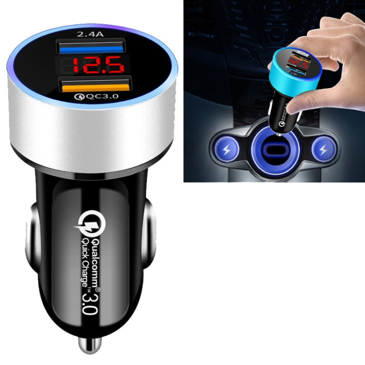 2 PCS Aluminum Ring Display Car Charger  QC3.0+2.4A Aluminum Alloy Multi-function Halo Digital Display Car Charger(Snow Silver)