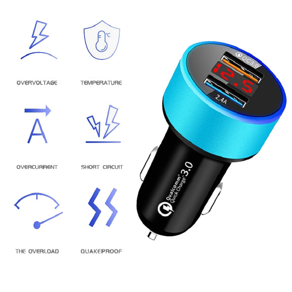 2 PCS Aluminum Ring Display Car Charger  QC3.0+2.4A Aluminum Alloy Multi-function Halo Digital Display Car Charger(Snow Silver)
