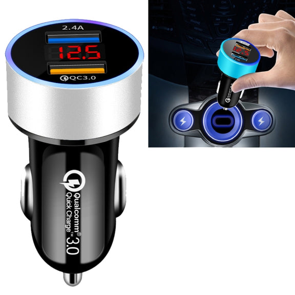 2 PCS Aluminum Ring Display Car Charger  QC3.0+2.4A Aluminum Alloy Multi-function Halo Digital Display Car Charger(Snow Silver)
