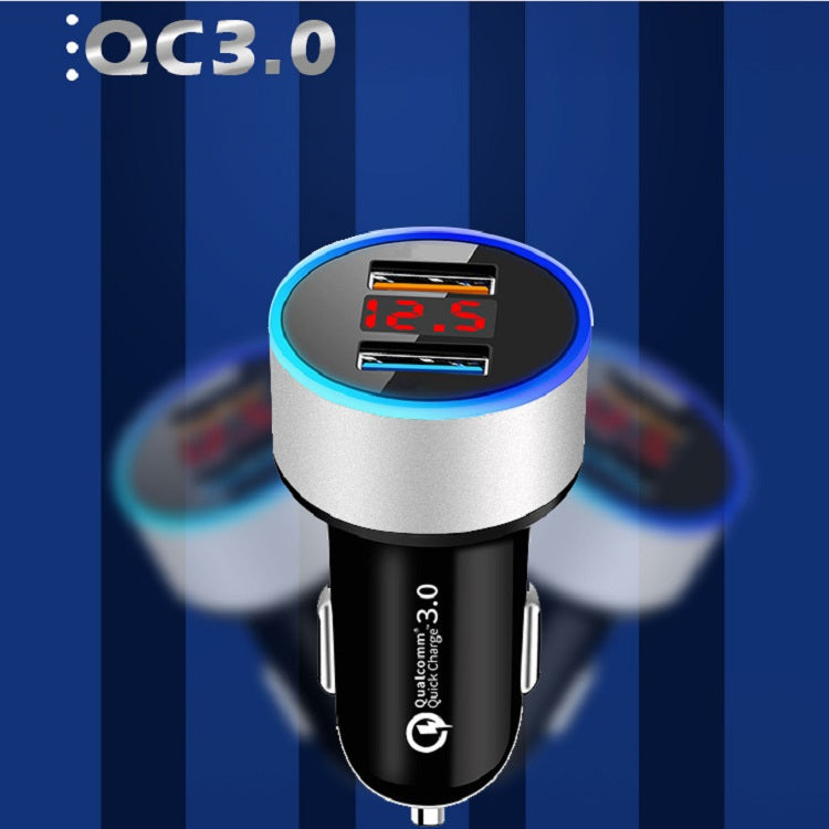 2 PCS Aluminum Ring Display Car Charger  QC3.0+2.4A Aluminum Alloy Multi-function Halo Digital Display Car Charger(Snow Silver)