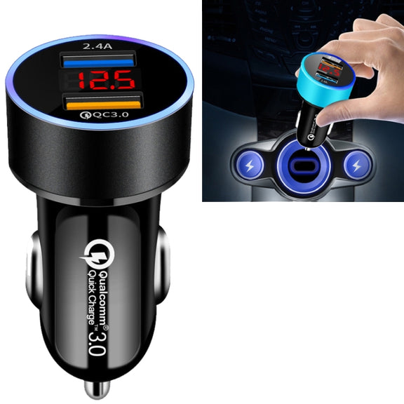 2 PCS Aluminum Ring Display Car Charger  QC3.0+2.4A Aluminum Alloy Multi-function Halo Digital Display Car Charger(Elegant Black)