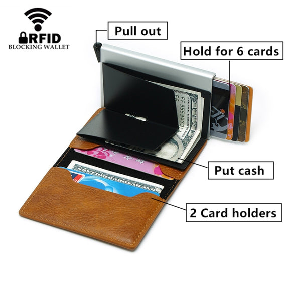 Automatic Elastic Card Type Anti-magnetic RFID Anti-theft Retro Card Package Universal Leather Metal Wallet(Black)