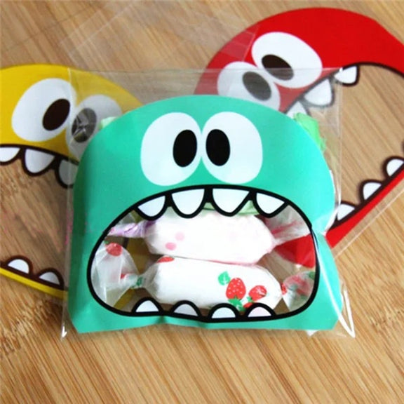 100 PCS Cute Big Teech Mouth Monster Plastic Bag Wedding Birthday Cookie Candy Gift OPP Packaging Bags, Gift Bag Size:10x10cm(Red)
