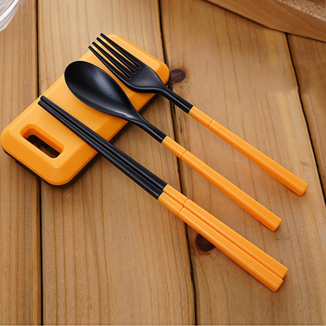 3 in 1 ABS Folding Dinnerware Cutlery Fork Chopsticks Set with Storage Box Outdoor Camping Hiking Traveling Tableware Set(Orange)