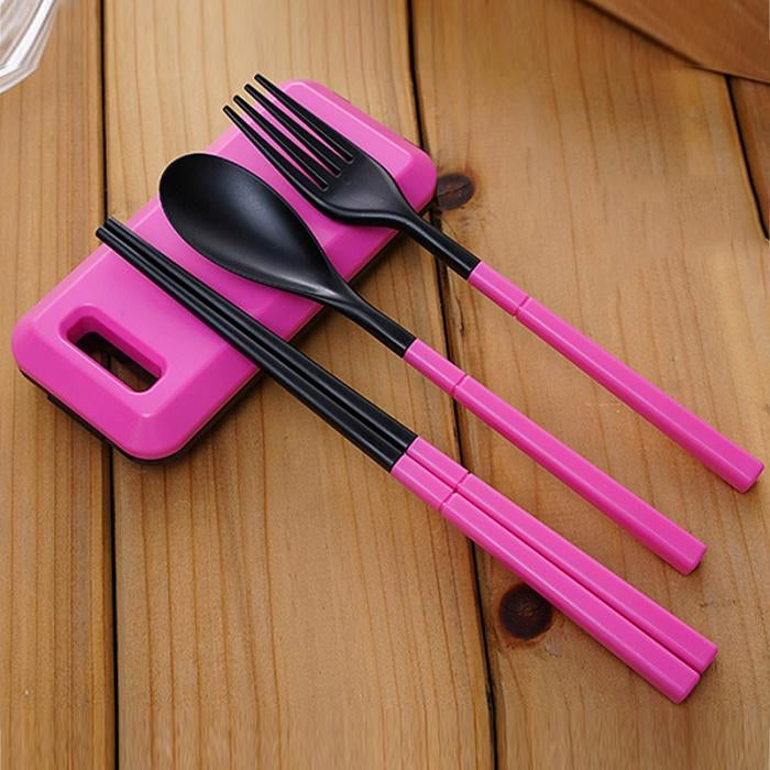 3 in 1 ABS Folding Dinnerware Cutlery Fork Chopsticks Set with Storage Box Outdoor Camping Hiking Traveling Tableware Set(Orange)