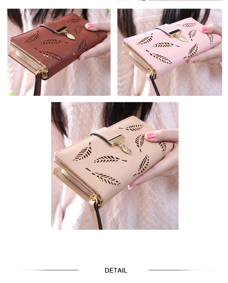 Long Gold Hollow Leaves Coin Purse Card Holders Wallet for Women(Brown)