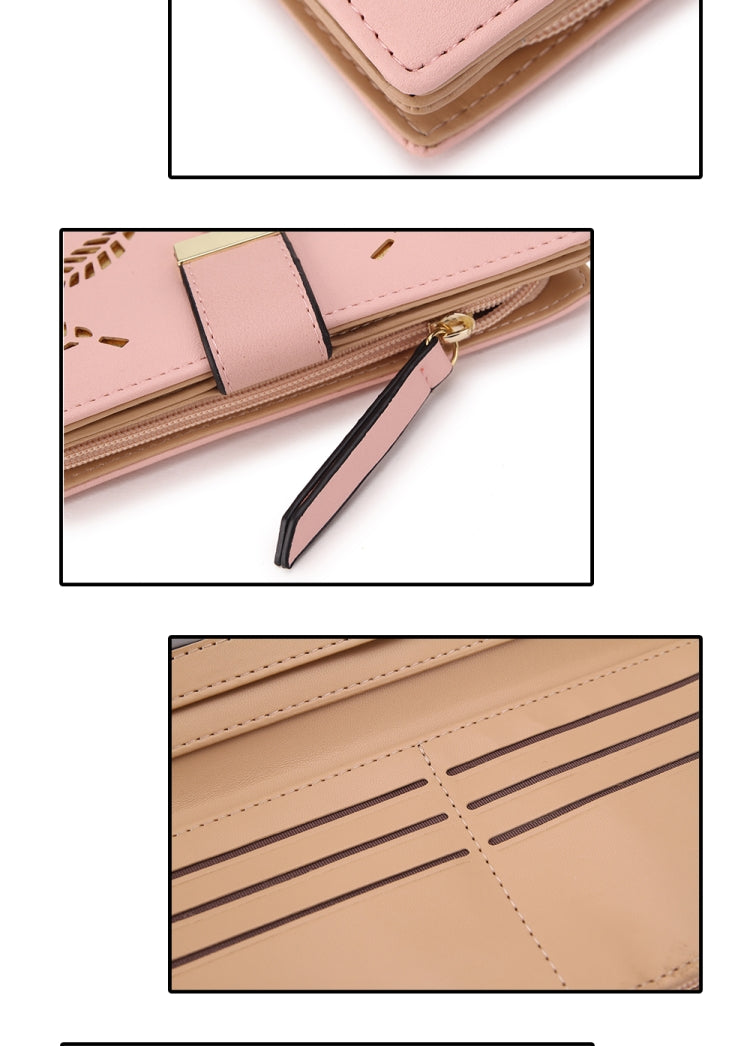 Long Gold Hollow Leaves Coin Purse Card Holders Wallet for Women(Brown)