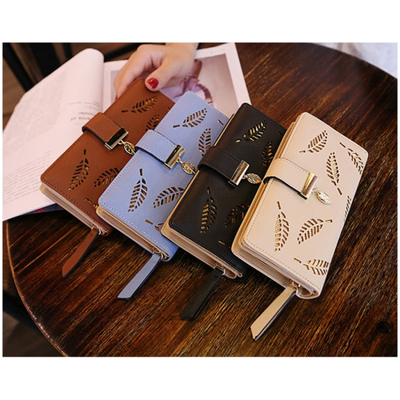 Long Gold Hollow Leaves Coin Purse Card Holders Wallet for Women(Brown)