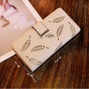 Long Gold Hollow Leaves Coin Purse Card Holders Wallet for Women(Brown)