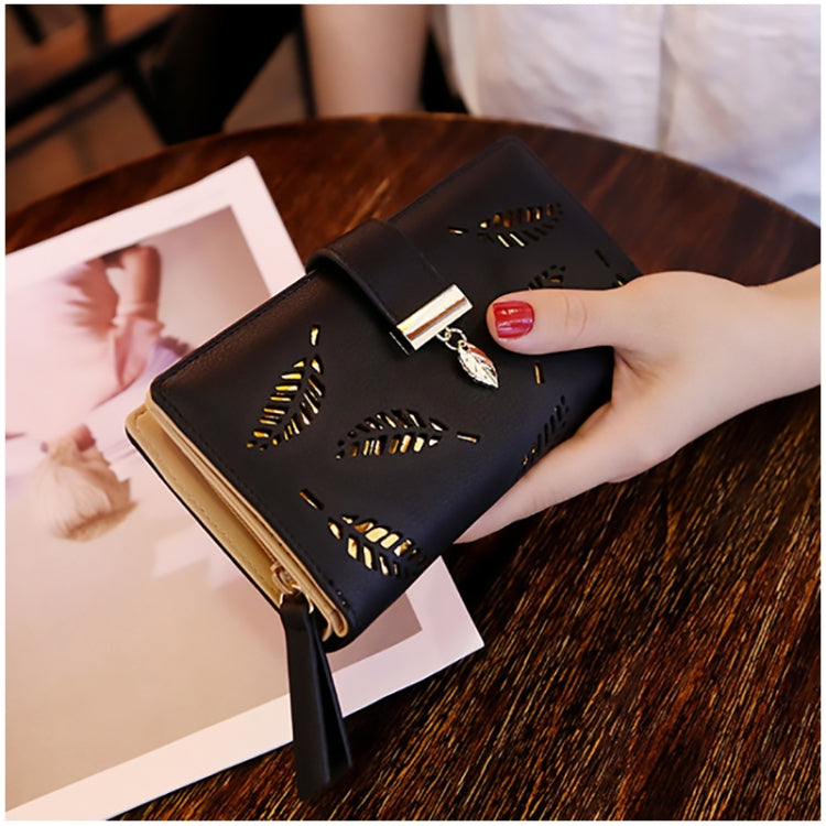 Long Gold Hollow Leaves Coin Purse Card Holders Wallet for Women(Brown)