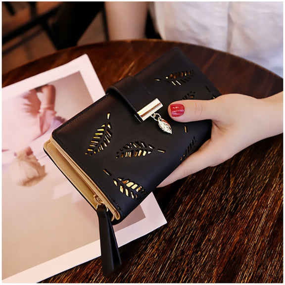Long Gold Hollow Leaves Coin Purse Card Holders Wallet for Women(Brown)