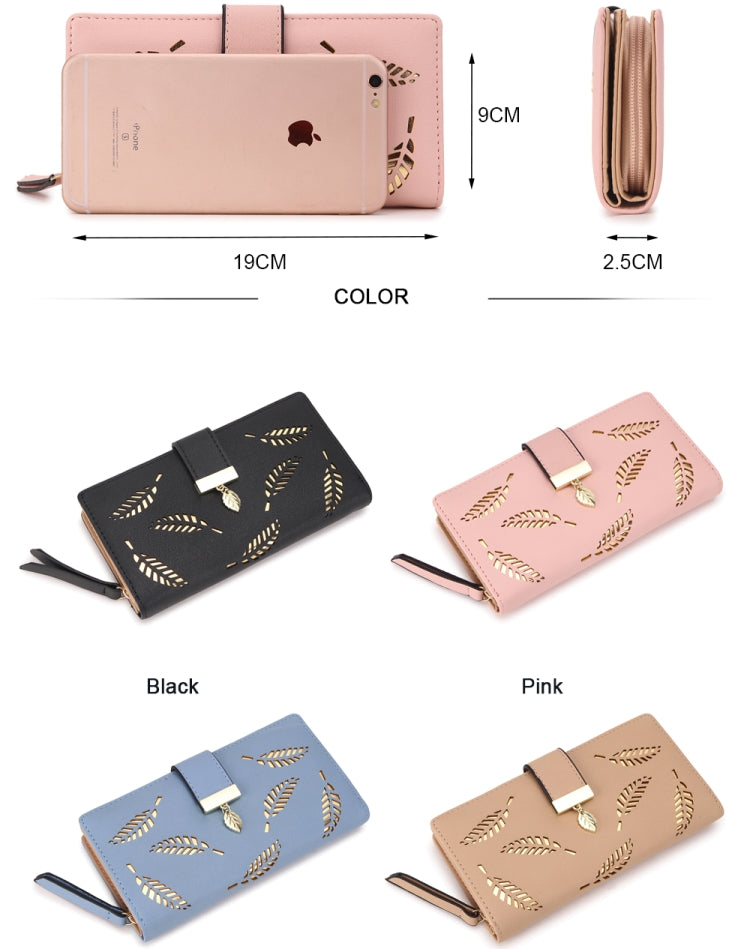 Long Gold Hollow Leaves Coin Purse Card Holders Wallet for Women(Brown)
