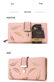 Long Gold Hollow Leaves Coin Purse Card Holders Wallet for Women(Brown)