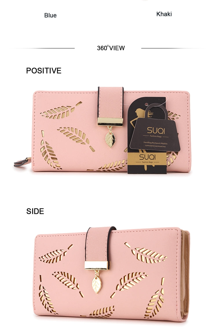 Long Gold Hollow Leaves Coin Purse Card Holders Wallet for Women(Brown)