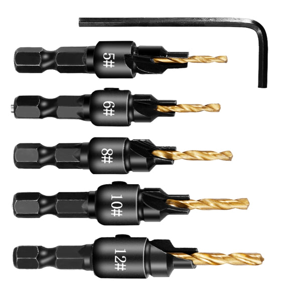 5 PCS/Set Countersink Woodworking Drill Bit Set Hexagon Screw Hardware Tool(Gold)