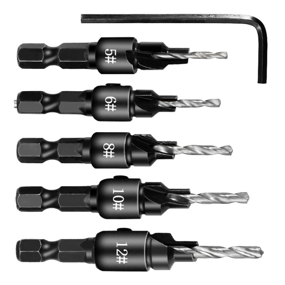 5 PCS/Set Countersink Woodworking Drill Bit Set Hexagon Screw Hardware Tool(Gold)