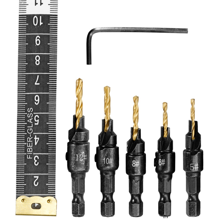 5 PCS/Set Countersink Woodworking Drill Bit Set Hexagon Screw Hardware Tool(Gold)