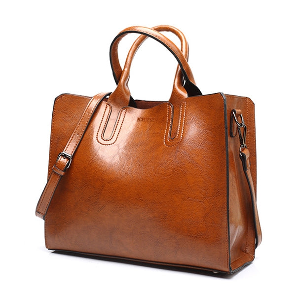Leather Handbags Big Women Bag Casual Female Bags Trunk Tote Shoulder Bag Ladies Large Bolsos, Color:Brown