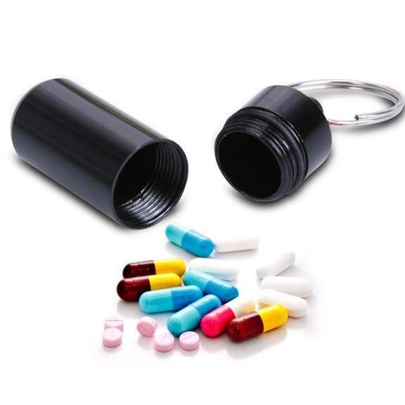 10pcs Portable Sealed Water-resistant Aluminum Alloy First Aid Pill Bottle with Keychain(Black)