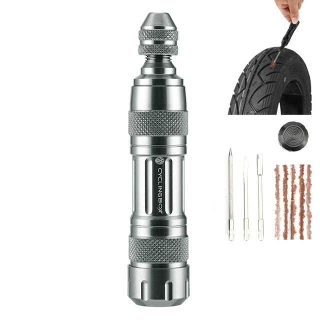 CYCLINGBOX Mountain Bike Vacuum Aluminum Alloy Tire Repair Tool Bicycle Repair Integrated Storage Design Tool(Silver)