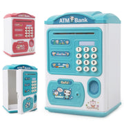 Simulation Password Fingerprint Sensor Unlocking Money Box Automatic Roll Money Safe ATM Piggy Bank(Pink)