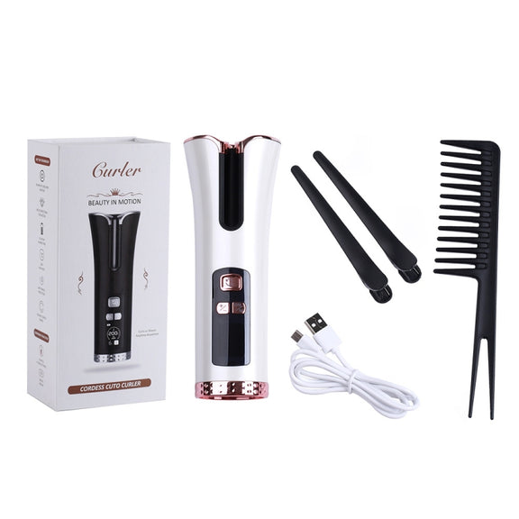 USB Charging Automatic Rotating Curling Iron Portable Wireless Travel Curling Iron(White)