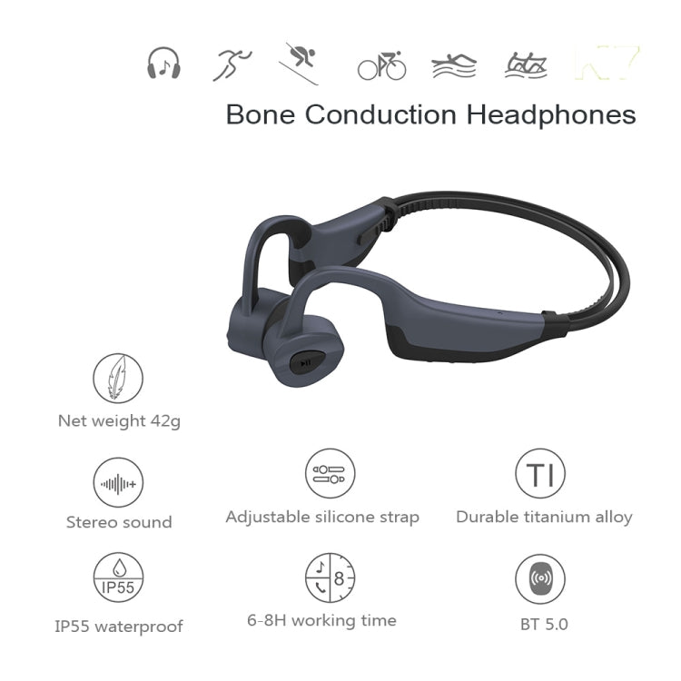 K7 Bone Conduction Bluetooth 5.0 Wireless Earphone Water-resistant Headphones 16GB RAM(Black)