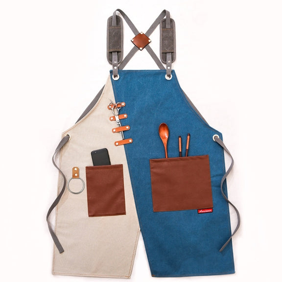 Denim Apron Barber Milk Tea Shop Waiter Overalls(Blue-white Shoulder Strap)