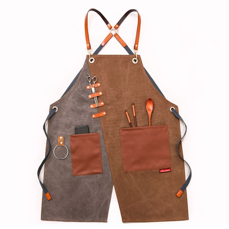 Denim Apron Barber Milk Tea Shop Waiter Overalls(Grey-yellow Hook Strap)