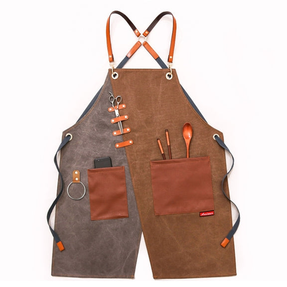 Denim Apron Barber Milk Tea Shop Waiter Overalls(Grey-yellow Hook Strap)