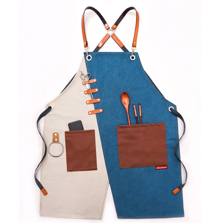 Denim Apron Barber Milk Tea Shop Waiter Overalls(Blue-white Hook Strap)