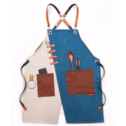 Denim Apron Barber Milk Tea Shop Waiter Overalls(Blue-white Hook Strap)