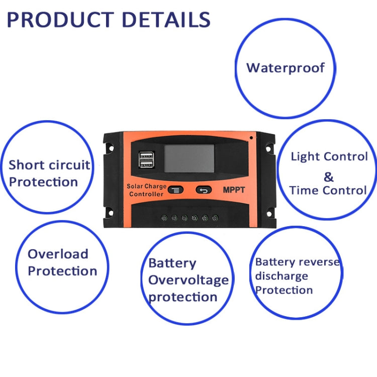 MPPT 12V/24V Automatic Identification Solar Controller With USB Output, Model: 60A