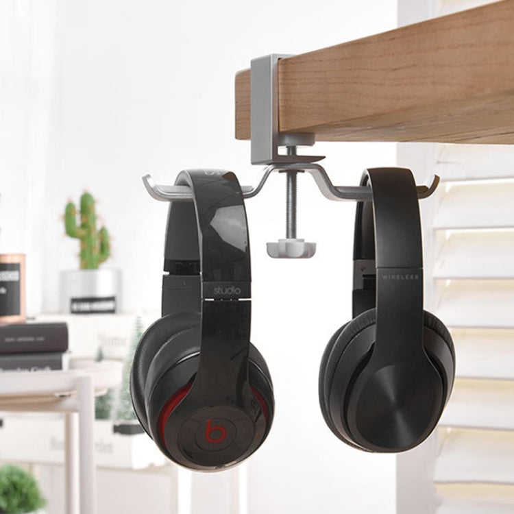 Universal Metal Headphone Double Bracket Headphone Hanger Desktop Lock Clip Headphone Display Shelf(Silver)