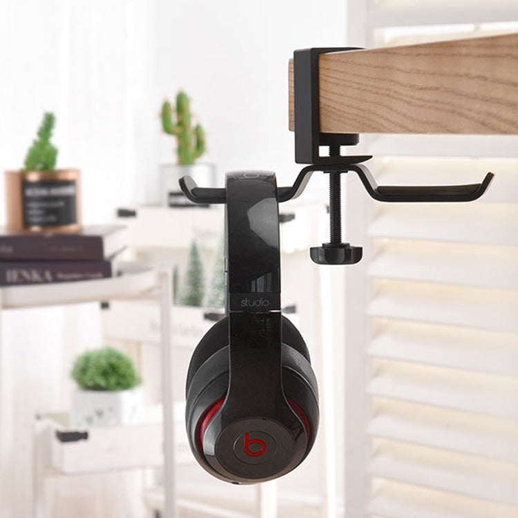 Universal Metal Headphone Double Bracket Headphone Hanger Desktop Lock Clip Headphone Display Shelf(Silver)