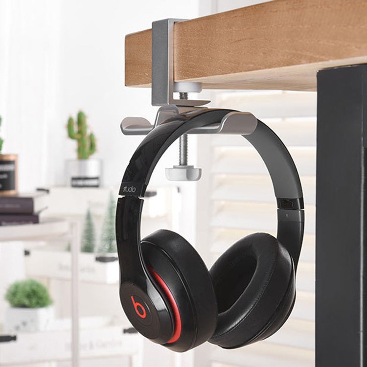 Universal Metal Headphone Double Bracket Headphone Hanger Desktop Lock Clip Headphone Display Shelf(Silver)
