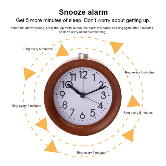 Solid Wood Silent Snooze Alarm Clock with Pointer(Round Dark)