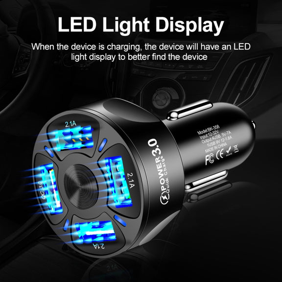 2 PCS BK-358 3A QC3.0 4USB Car Charger One For Four Mobile Phone Car Charger(Black)