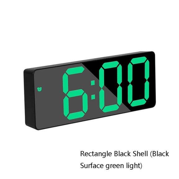 Mirror Bedside Alarm Clock Battery Plug-In Dual-Purpose LED Clock, Colour: Rectangle Black Shell (Black Surface green light)