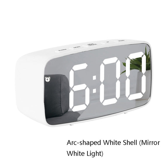 Mirror Bedside Alarm Clock Battery Plug-In Dual-Purpose LED Clock, Colour: Arc-shaped White Shell (Mirror White Light)