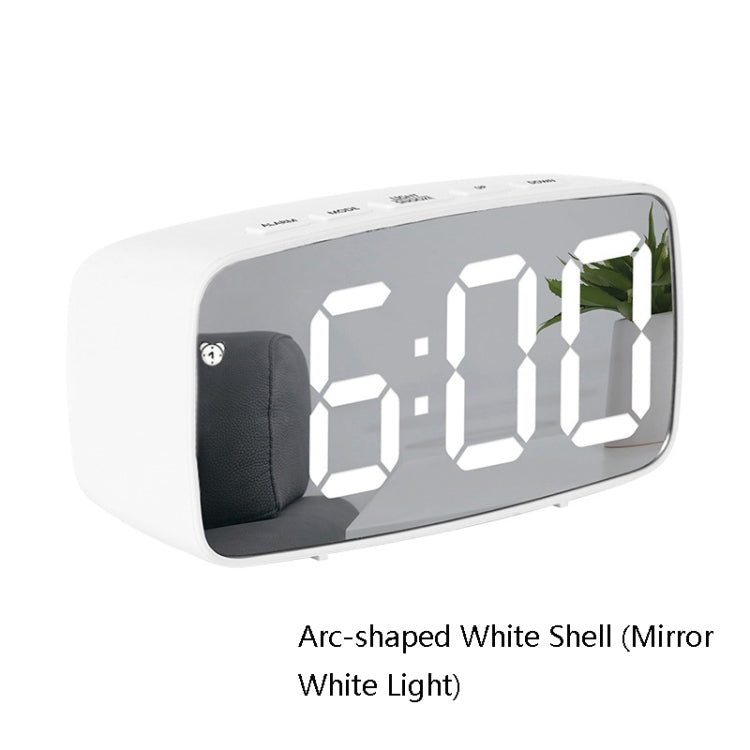 Mirror Bedside Alarm Clock Battery Plug-In Dual-Purpose LED Clock, Colour: Arc-shaped White Shell (Mirror White Light)